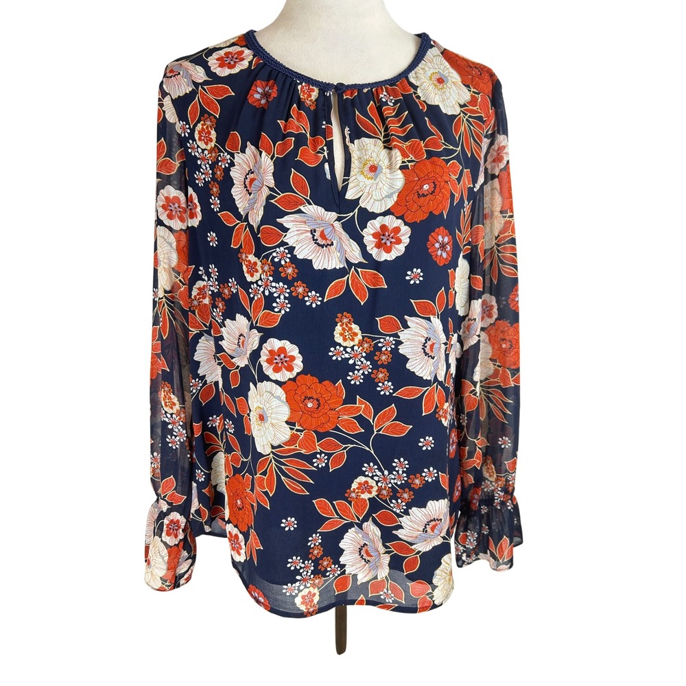 Daniel Rainn Sheer Colorful Floral Keyhole Long Sleeve Blouse Women's Large
